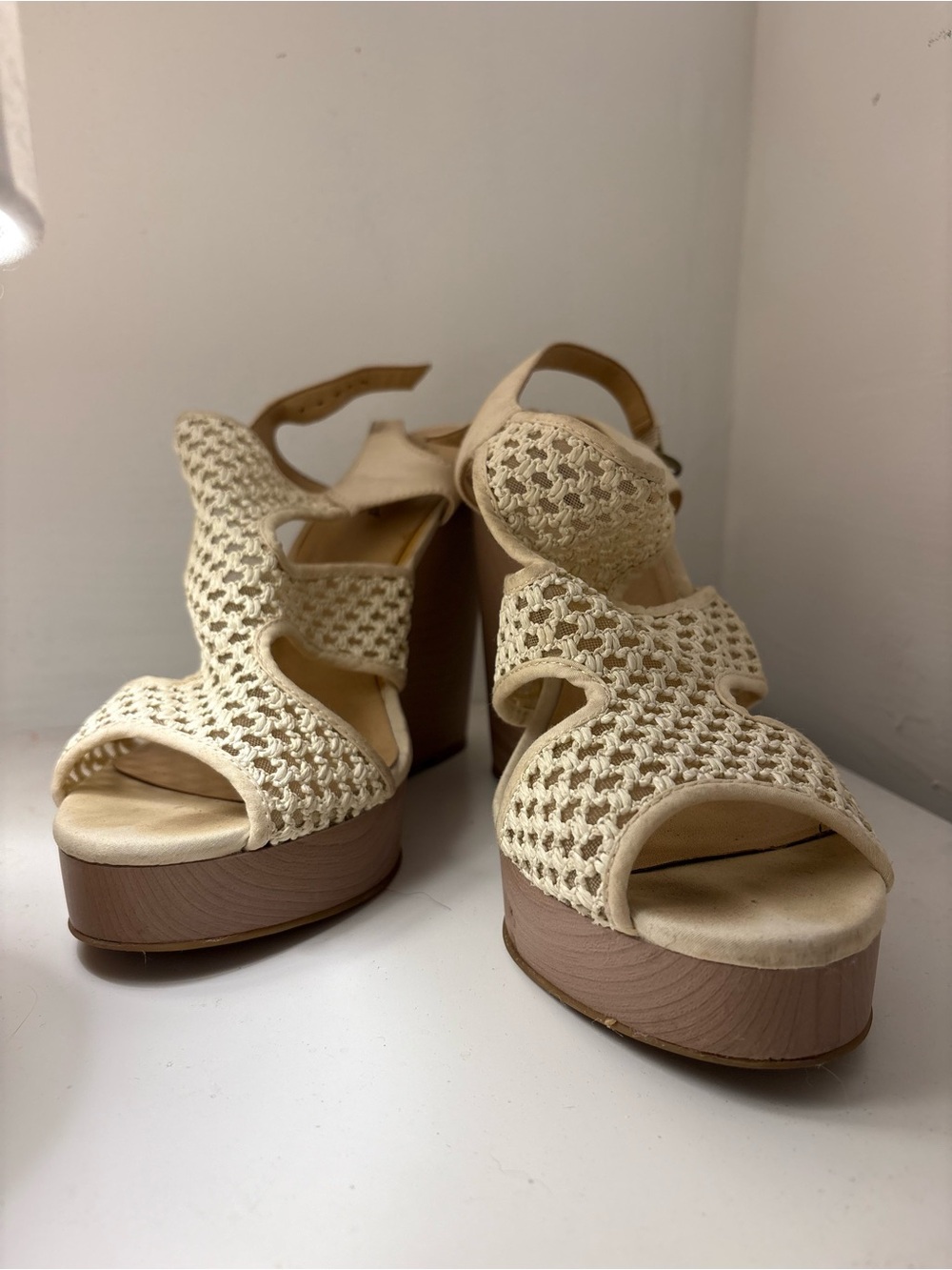 Beige Crochet Platform Sandals - Women's Chunky Heel